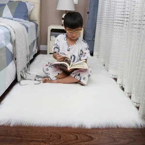 White faux wool shag rug for living room and bedroom, fluffy soft floor carpet for home decor.