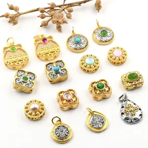 Antique gold style DIY jewelry pendants beads, double-sided carved metal gemstone accessories.