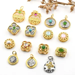 Ancient gold style DIY jewelry pendants beads double-sided carved stone inlay charms