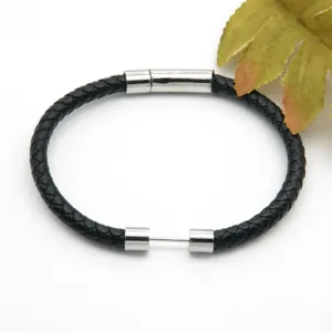 Black braided leather bracelet with stainless steel magnetic clasp for daily fashion wear.
