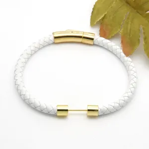 Stainless steel braided white leather bracelet with golden magnetic clasp for couple fashion.