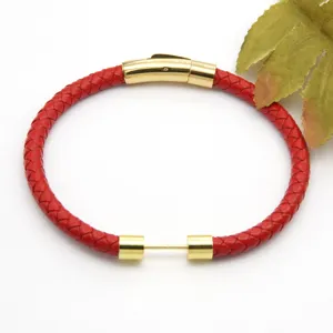 Red braided leather bracelet with gold stainless steel magnetic clasp for daily wear.
