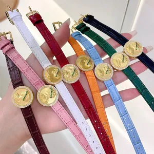 Kleurrijke lederen horlogebandjes 10mm breed bamboepatroon banden met gouden munt hangers