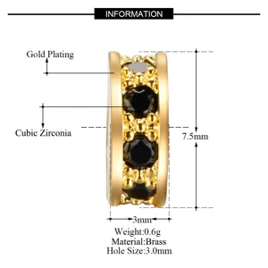 Gold plated brass spacer bead with black cubic zirconia, 7.5mm jewelry accessory for DIY bracelet.