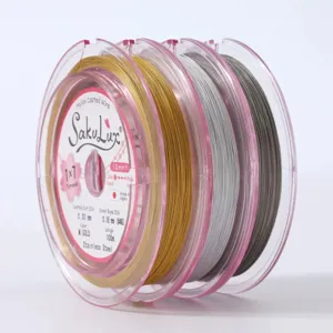 Nylon coated stainless steel wire spool for beading jewelry making bracelets and necklaces.
