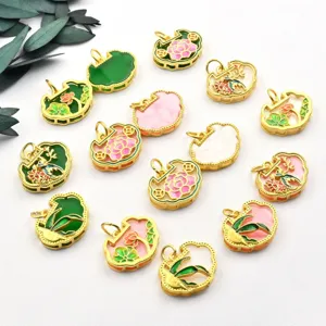 Ancient gold style enamel ruyi lotus bamboo pendant charms for DIY jewelry making necklaces.