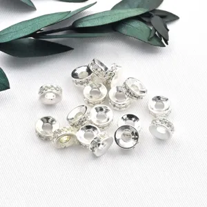 Round rhinestone spacer beads for DIY jewelry making, silver plated crystal charm findings.