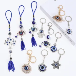 Ornamento Sospeso Turco Malocchio Blu Mano di Fatima Albero della Vita Decorazione Parete Lega Strass Portachiavi Auto Accessorio