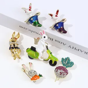 Lindos Broches de Conejo de Pascua Para Mujer Aleación Diamantes de Imitación Esmalte Conejito Sombrero Mágico Zanahoria Pin de Solapa Joyería de Moda Regalo
