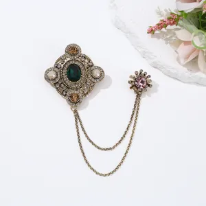 Vintage Baroque green gemstone brooch with tassel chain elegant crystal pin for women fashion