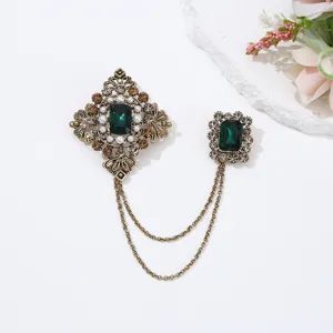 Vintage baroque emerald rhinestone double brooch chain pin antique copper fashion accessory