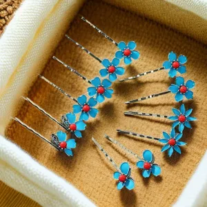 Barrette à Cheveux Florale Bleue en Émail de Style Ethnique Rétro pour Femmes Pince Bobby en Alliage de Zinc à Motif Botanique Accessoire de Coiffure