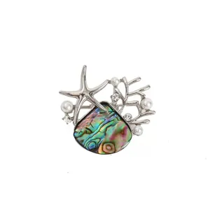 Starfish brooch with abalone shell, rhinestones, and pearls, chic alloy fashion jewelry pin.