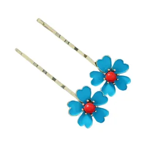 Élégante épingle à cheveux fleur émail bleu rouge, barrette style ethnique chic pour femmes.