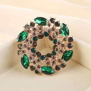 Vintage green crystal wreath brooch, rose gold tone floral pin for women jacket accessories.