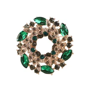 Vintage crystal brooch pin for women elegant green rhinestone wreath suit jacket fashion accessory