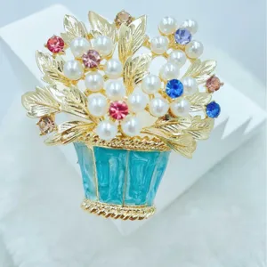 Vintage Emaillierter Blumen Korb Perlen Brosche Bunte Strass Mode Schmuck Damennadel
