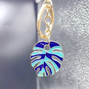 Blue monstera leaf keyring metal bag charm cute key chain aesthetic accessory for women girls
