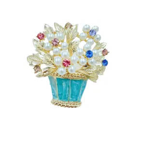 Vintage Emaillierte Perlen Blumen Brosche mit blauem Korb Strass Nadel Modeschmuck