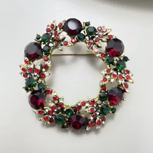 Spilla ghirlanda strass Natale, gioielli vintage metallo dorato per cappotto donna.
