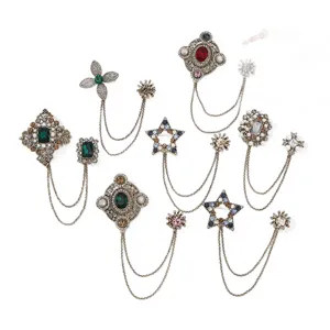 Vintage baroque rhinestone brooch pins set with hanging chains for women fashion apparel