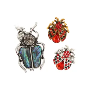 Vintage beetle and ladybug brooch pin set, elegant alloy crystal insect accessories for women.