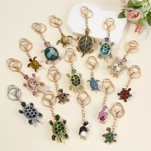 Cartoon Cute Turtle Keychain Rhinestone Enamel Alloy Animal Key Ring For Women Car Bag Charm Pendant Accessory Gift