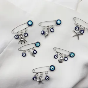 Lucky Evil Eye Safety Pin Brooch Silver Plated Copper Blue Glass Eye Sea Star Shell Spider Pendant Collar Pin For Women Men Jewelry