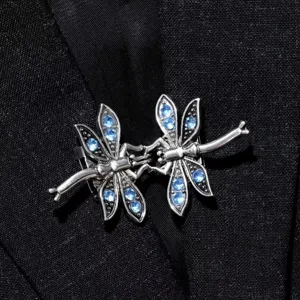 Chiusura per cappotto con doppia libellula strass argento cristallo blu elegante!