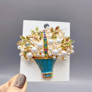 Vintage Pearl Rhinestone Flower Basket Brooch Elegant Blue Enamel Lapel Pin Fashion Jewelry