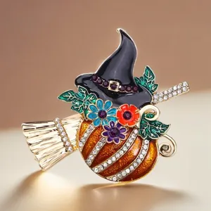 Halloween Witch Pumpkin Broom Brooch Alloy Enamel Rhinestone Cartoon Lapel Pin For Women Fashion Festive Party Jewelry Gift