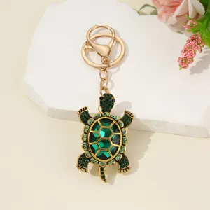Cute green crystal turtle keychain, alloy rhinestone animal key ring car bag pendant gift.