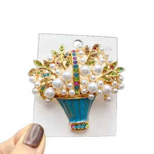 Vintage enamel flower basket brooch with faux pearls and colorful rhinestones for women