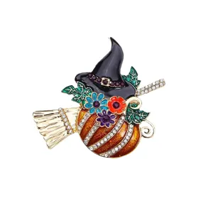 Halloween witch hat pumpkin broom brooch sparkling crystal rhinestone alloy pin badge jewelry gift