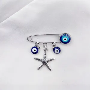 Silver evil eye starfish brooch pin for men and women lucky amulet clothing accessory