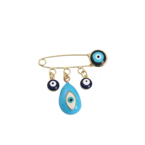 Gold evil eye brooch pin with blue drop charms trendy fashion lapel jewelry item