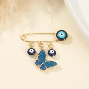 Elegant evil eye butterfly brooch pin gold tone safety pin blue crystal fashion jewelry accessories