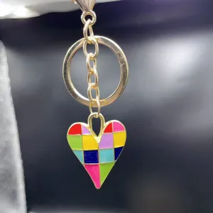 Colorful enamel geometric heart keychain alloy metal cute bag charm with gold keyring