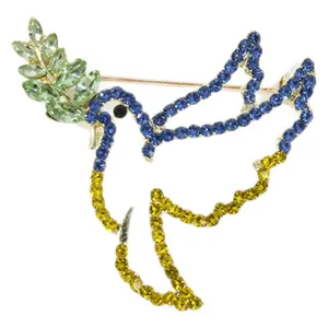 Blue crystal peace dove brooch rhinestone olive branch fashion elegant metal pin apparel jewelry