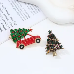 Broche de Sapin de Noël et Voiture en Alliage de Strass Père Noël Épinglette Émaillée Festive pour Femmes Hommes Accessoire de Manteau Cadeau