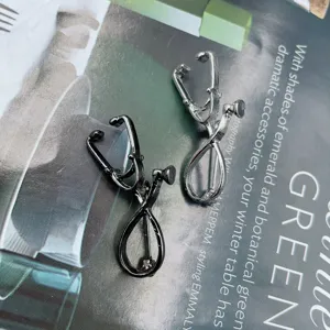 Stethoscope brooch medical nurse doctor pin metal fashion jewelry accessory black and silver 2pcs