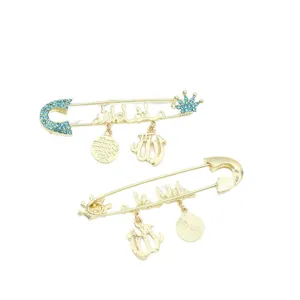 Gold safety pin brooch with blue rhinestones and Arabic calligraphy pendant for fashion wear
