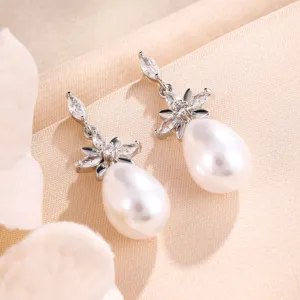 Franse Bloem Parel Zirconia Oorknopjes Voor Vrouwen Elegante Goud Zilver Vergulde Koperen Oorbellen Bruiloft Banket Sieraden