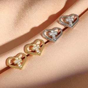 Orecchini a lobo cuore croce zircone, gioielli geometrici eleganti in metallo strass.
