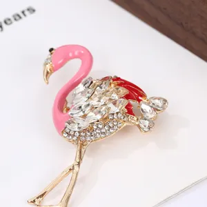 Elegant Zinc Alloy Flamingo Brooch With Pink Drip Oil And Rhinestone Inlay Animal Shaped Creative Clothes Accessory Pin For Women