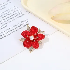 Red rose brooch with sparkling diamonds and pearl center, elegant Korean style anti-glare clothing pin.