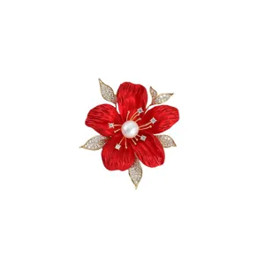 Red flower brooch pearl crystal corsage elegant suit pin clothing accessories women gifts