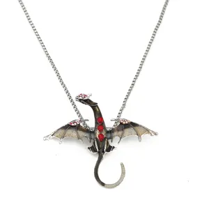 Retro silberne Drachen Anhänger Halskette mit roten Kristallen Strass, Gothic Schmuck Geschenk.
