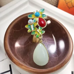 Vintage Chinese style enamel brooch with faux jade teardrop pendant, elegant ethnic alloy jewelry.