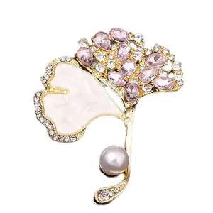 Elegant ginkgo leaf brooch with pink crystals and pearl for women suit coat accessory